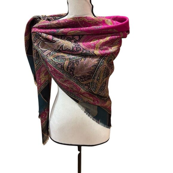 Dana Buchman Accessories - Dana Buchman Wool/Silk Scarf Square Paisley Fringed Pink Green Gold WMN 54”x54”